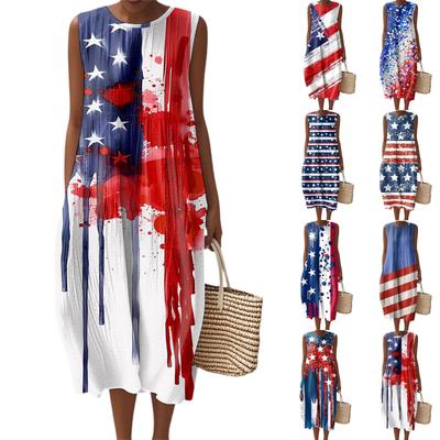 Women's Fashion Casual Sleeveless Round Neck Independence Day Printed Elegant Temperament Dress
