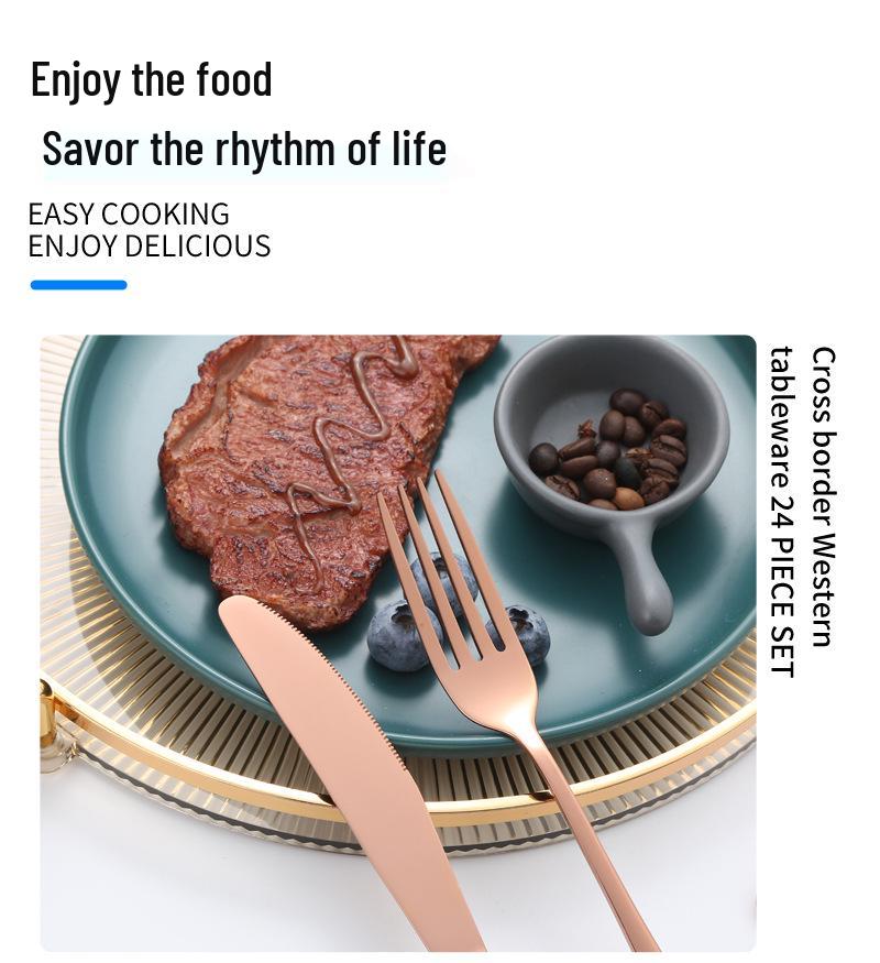 Paslanmaz Çelik 24 Parça Çatal Bıçak Takımı: Batı Stili Biftek Bıçağı, Tatlı Çatalı ve Kaşığı