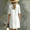 Women's Short Sleeve Notched V-Neck Stand Collar Color Loose Fit Casual Dress with Pockets