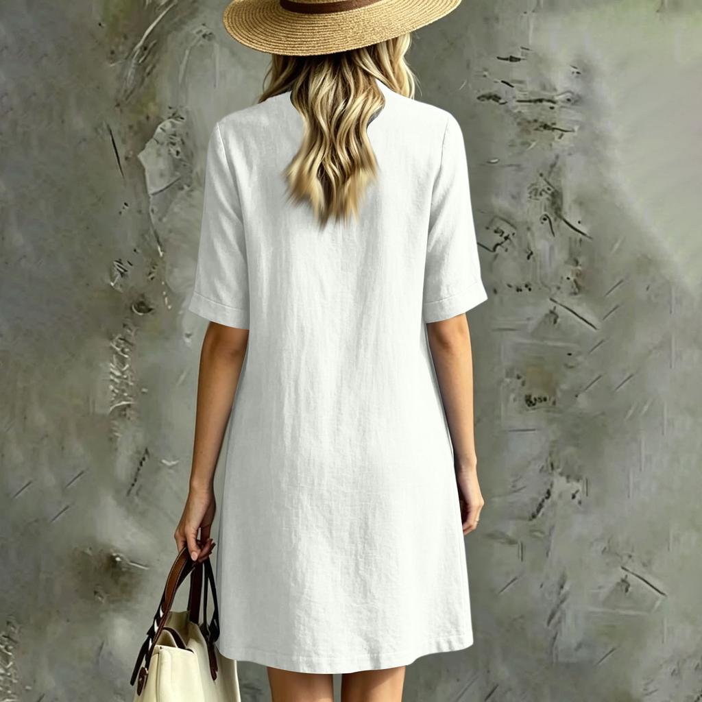 Women's Short Sleeve Notched V-Neck Stand Collar Color Loose Fit Casual Dress with Pockets