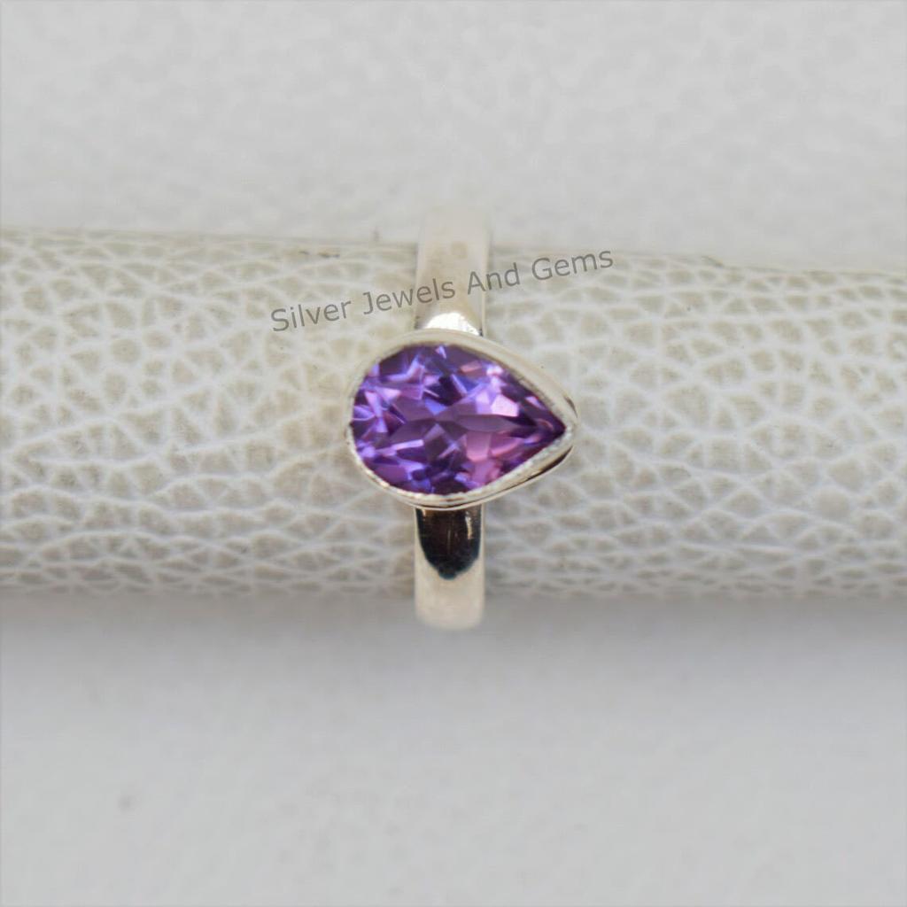 Natural Amethyst Ring, Teardrop Ring, February Birthstone Ring, Handmade Ring for Gift, 925 Sterling Silver Ring, Promise Ring