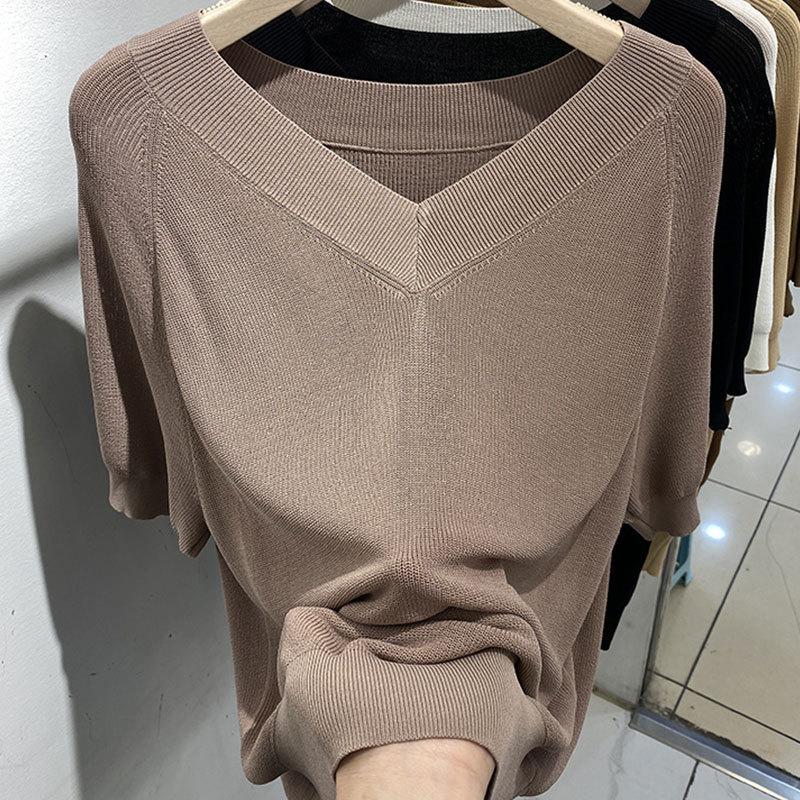 Tops de punto para mujer, camiseta de manga corta con escote en V, sencilla, a la moda, para el verano