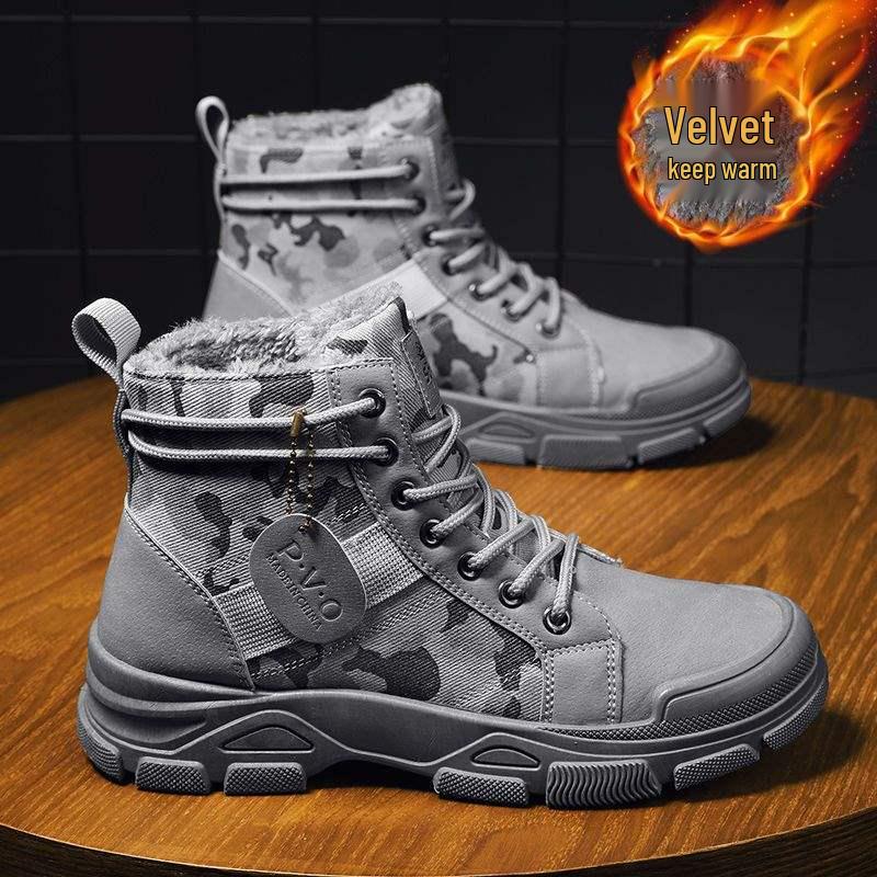 Men's High Top Camouflage Canvas Martin Boots - Autumn/Winter, Warm Cotton, Plus Size Snow Work Boots