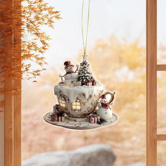 Yousheng 4 Pcs 2D Acrylic Christmas Ornament Cup Shaped Hot Cocoa Hanging Ornaments Snow Village House Xmas Tree Decoration for Tree Car Decor