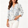 Women Cotton Linen Shirt Henley Button Neck Floral Print Three Quarter Sleeve Casual Blouse Lightweight Breathable Top