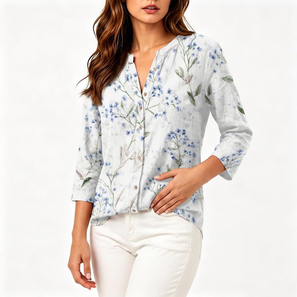 Women Cotton Linen Shirt Henley Button Neck Floral Print Three Quarter Sleeve Casual Blouse Lightweight Breathable Top