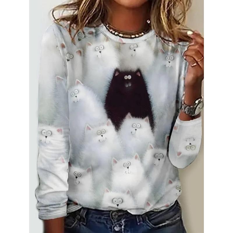 Rundhals 3D Katze Bedrucktes Oberteil Lässige Langarm Damen T-Shirts - Weicher Mitteldehnbarer Polyesterstoff Frühling und Herbst Relaxed Fit Kleidung