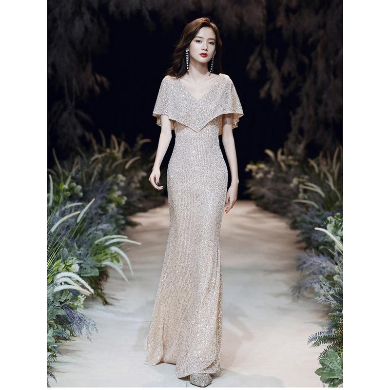 Champagne Banquet Evening Dress Sequins 1011 New Summer Temperament Long Fishtail Dress Annual Meeting Hosting Dress