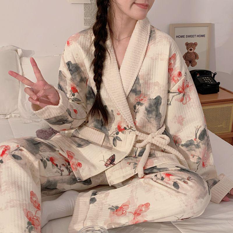 Plus Size Maternity Kimono Pajamas - Autumn/Winter Cotton for Postpartum & Breastfeeding