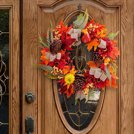 Artificial Fall Wreath 18 Inch Autumn Front Door Wreath with Sunflower Pumpkin Berries Pine Cones for Wall Window Thanksgiving Harvest Decor