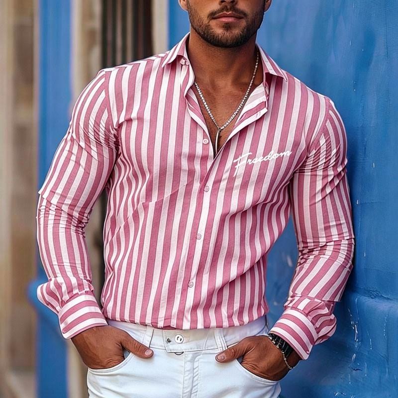 Men's Vertical Striped Long Sleeved Shirt, High-quality Lapel Cardigan, Personalized Letter Printed Casual Men's Top