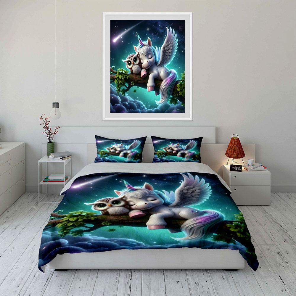 3Pcs Dreamy Unicorn And Owl Cuddling Duvet Cover Set With 3D Printing Design Soft Polyester Bedding Set All-Season Comfort