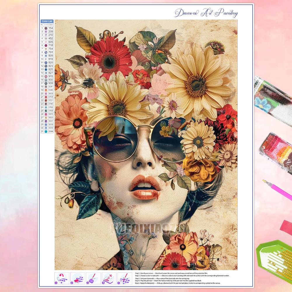 Full Diamond Painting Beauty Girl Flowers Abstract Art Diamond Mosaic Embroidery Rhinestone Cross Stitch Kit Home Wall Decor