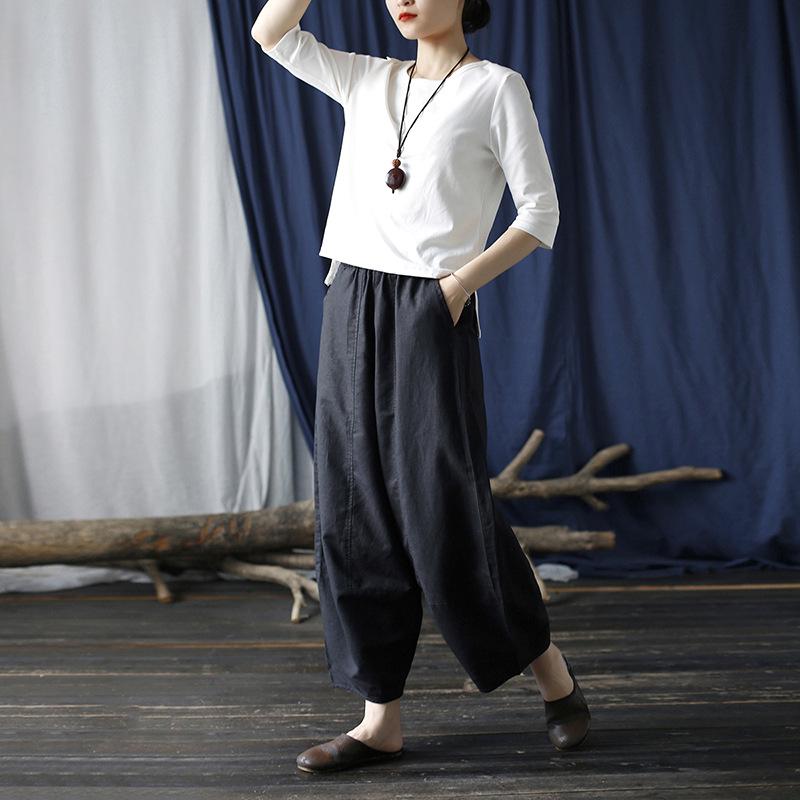 Xi Mo Women's Distressed Washed Cotton Linen Wide-Leg Casual Summer Pants