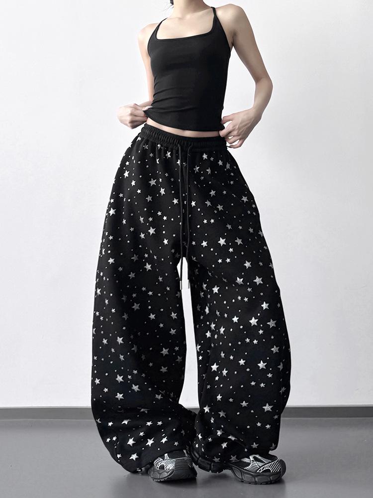 Women's Black Star Print Wide-Leg Sweatpants