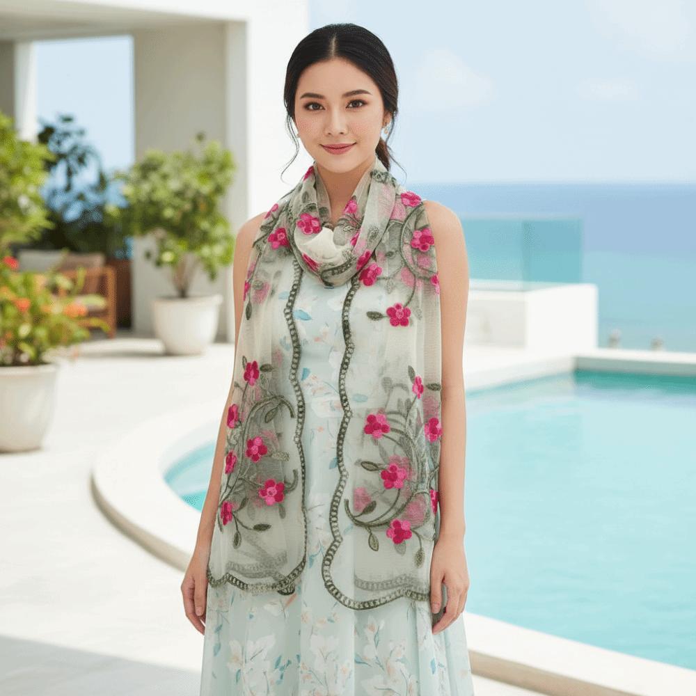 Lightweight Embroidered Floral Headwrap Breathable Long Lace Scarf Summer Hijab Travel Photoshoot