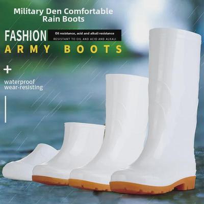 Weiße, rutschfeste Regenstiefel für die Lebensmittelhygiene – öl-, säure- und laugenbeständige Wasserschuhe für Köche mit Arbeitsschutz.