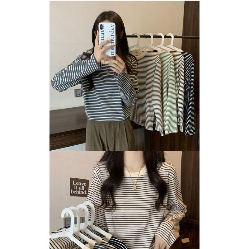 Women Plus Size Loose Striped Long Sleeve Casual Bottoming T Shirt