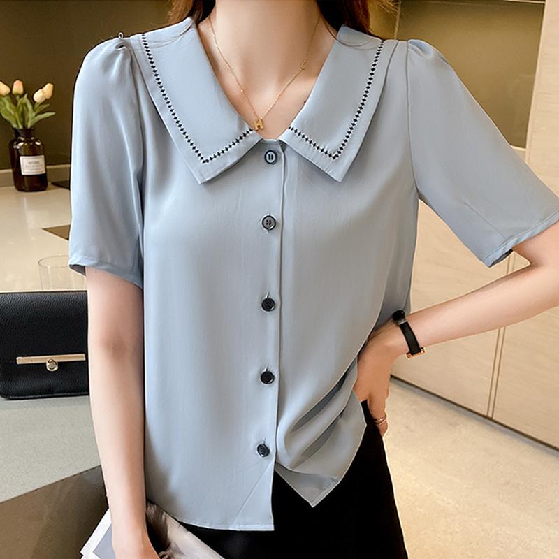 Letní halenka s krátkým rukávem bílá dámská topy móda panenkovský límeček dámská košile J163