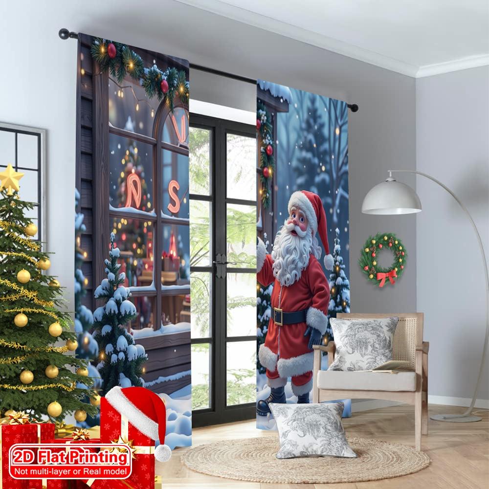 2pcs 2D flat printing Christmas Curtain Santa Christmas Snow Scene Polyester Fabric Without Electricity Party & Holiday Decor