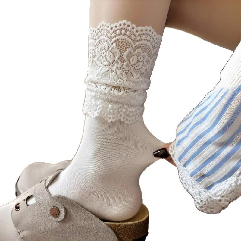 Lolita Weiße Spitze Fransen Socken für Damen, Frühling und Herbst Mid-Calf Socken, Niedliche Frottee-Socken, Reine Baumwolle Lange Wadenstrümpfe