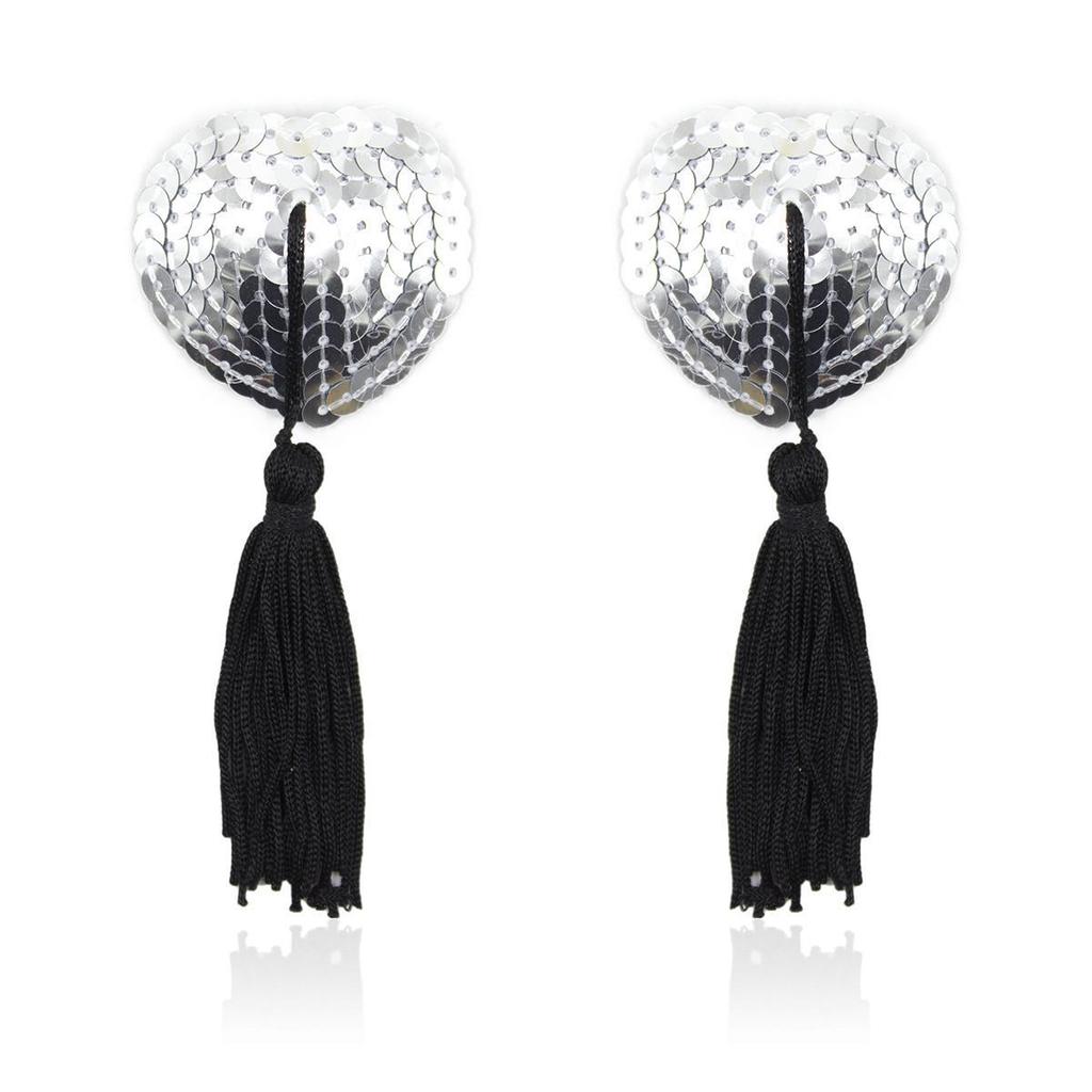 Heart-Shaped Sequin & Star Nipple Pasties with Tassels - Silicone Bra Accessory
