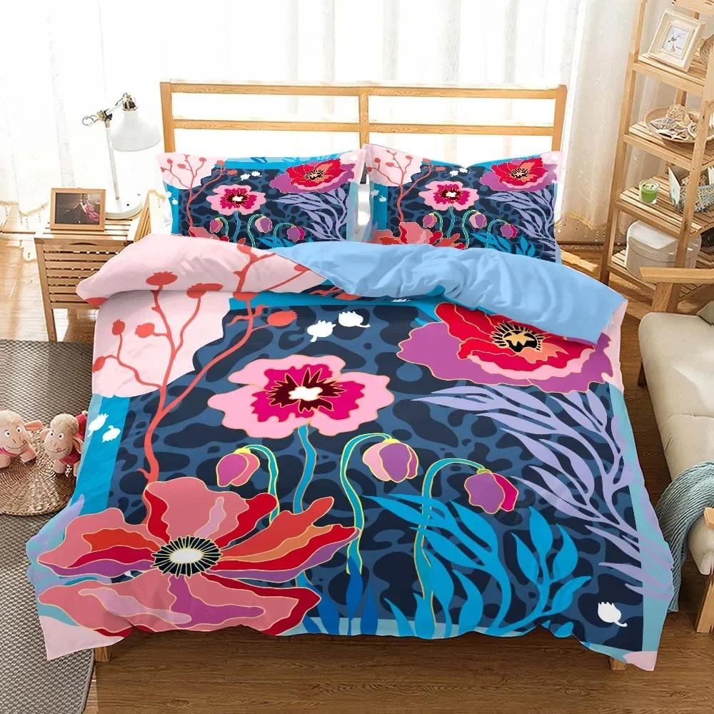 Poppy Flowers Bedding Sets Printed Jacquard Weave Bed Cover with Pillowcases Bedclothes Bedroom Comforter Set King Size Luxury
