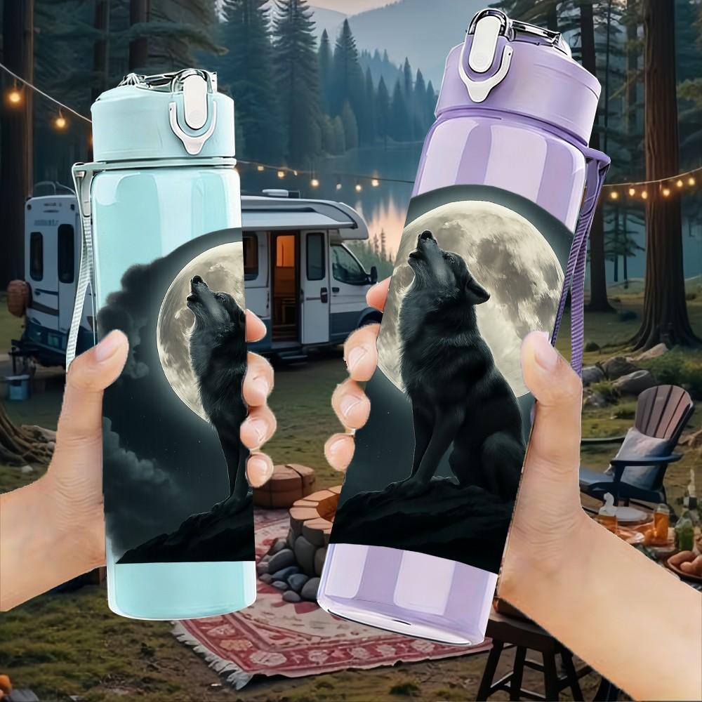 1PC Wolf Howling Moon Night Print 750ml Color Plastic Sports Water Bottle Leakproof Flip Straw Lid Suitable for Sports Office Home Use