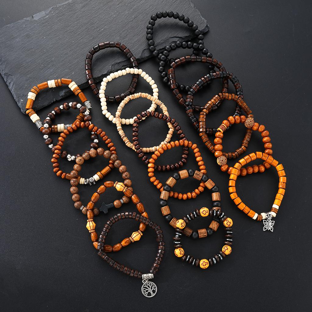 20pcs Vintage Bohemian Wooden Beaded Bracelets For Women Men Butterfly Cross Beads Fashionable Stacking Bracelet Gift