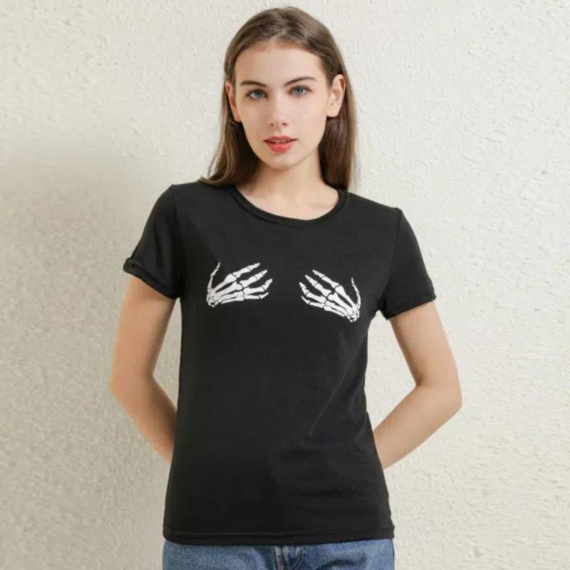 Summer T-Shirt for Women Harajuku Punk Cotton Skull Skeleton Hand Printed Casual Loose Female T Shirt Tops Tees