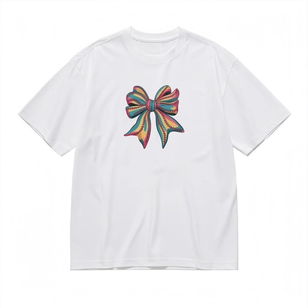 

Модная женская мягкая удобная классическая футболка с красочным бантом. S