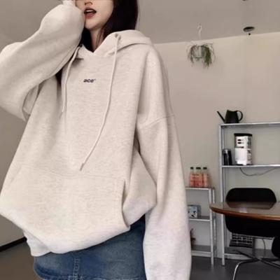 Autumn Winter Vintage Loose Casual Drawstring Hooded Sweatshirt Women Simple Fashion Print Pullover Hoodies Top