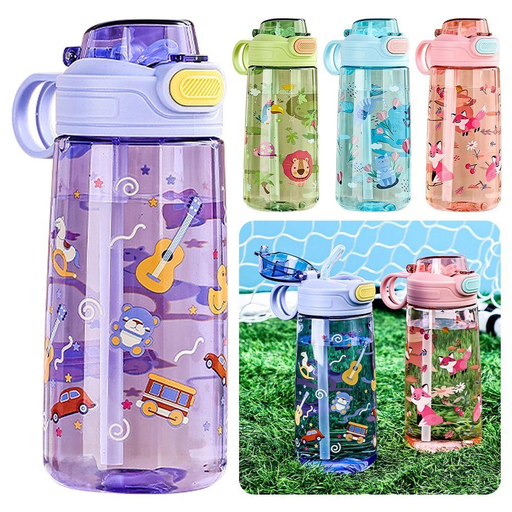 Portable 550ML Water Bottle Cartoon Print Leak Proof Drinking Bottle with Straw Anti-fall Water Cup for Students