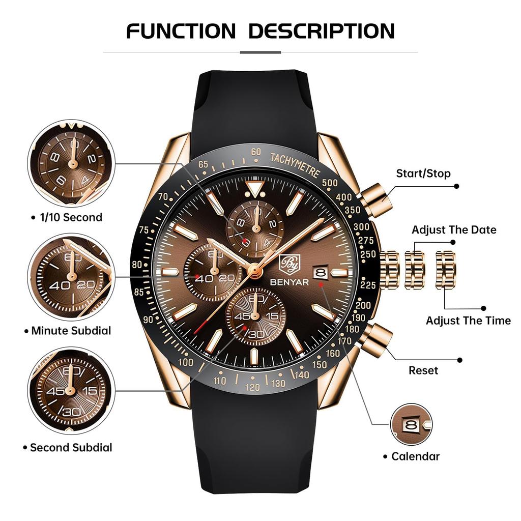 BY BENYAR Watch Watch Chronograph Analog Watch 30M Water Resistant Business Simple Stylish Popular Formal Leather Belt Quartz Watch Gift for Men Brown