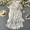 Women's V Neck Floral Chiffon Maxi Dress High Waist A-Line Casual Dress for Summer Vacation