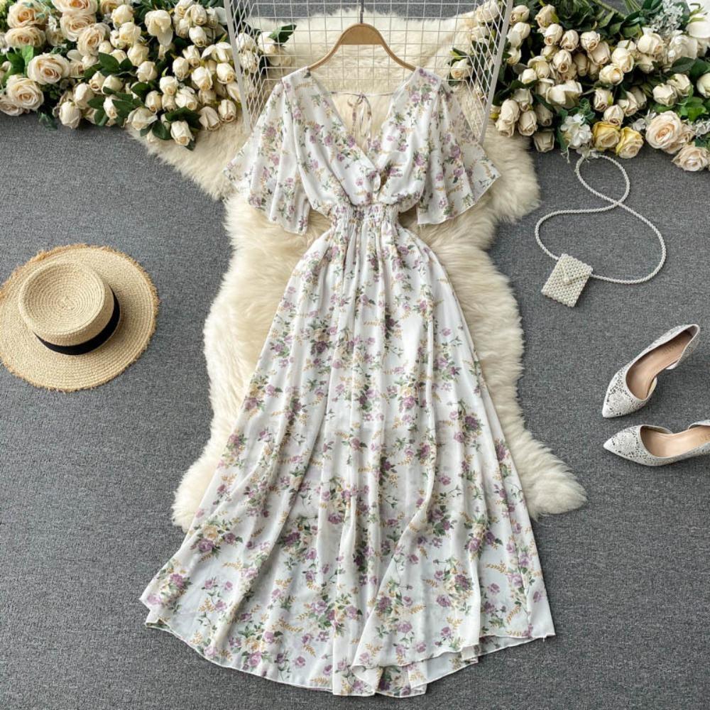 Women's V Neck Floral Chiffon Maxi Dress High Waist A-Line Casual Dress for Summer Vacation