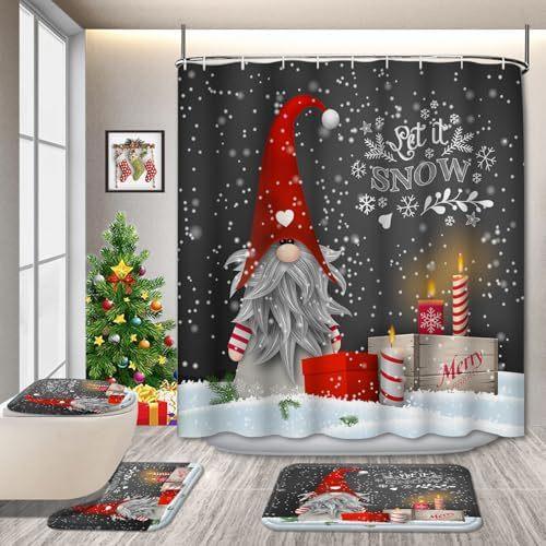 Christmas 4-Piece Bathroom Curtains Christmas Tree Snow Shower Curtain Non-Slip Bath Mat U-Shaped Bathroom Mat Toilet Cover