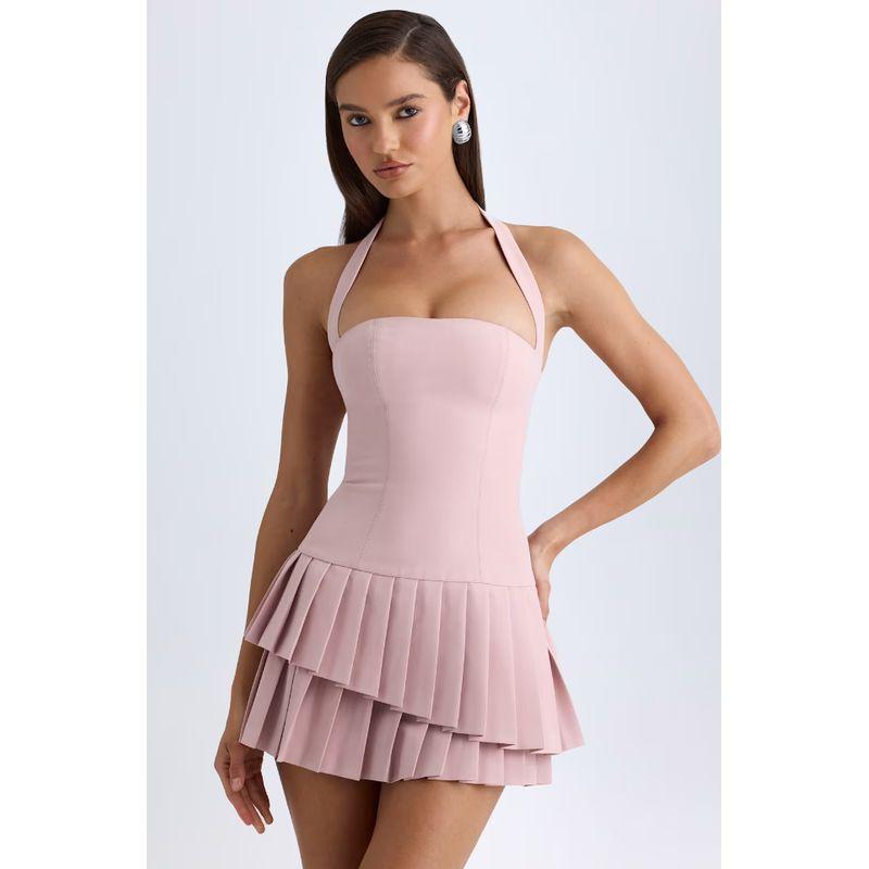 South Tower Rose Ohpoll French style Sweet Desire Gyaru Irregular Pleated Cake Skirt Sexy Waist Hugging Hanging Neck Dress