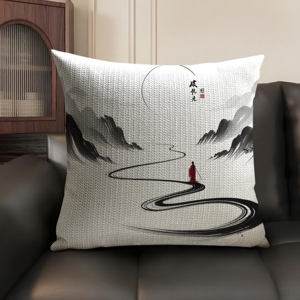 Chinese Ink Painting Style Pillow Case Natural Linen Organic Fabric Double-Sided Printing Sofa Home Decor Gift Cushion Cover