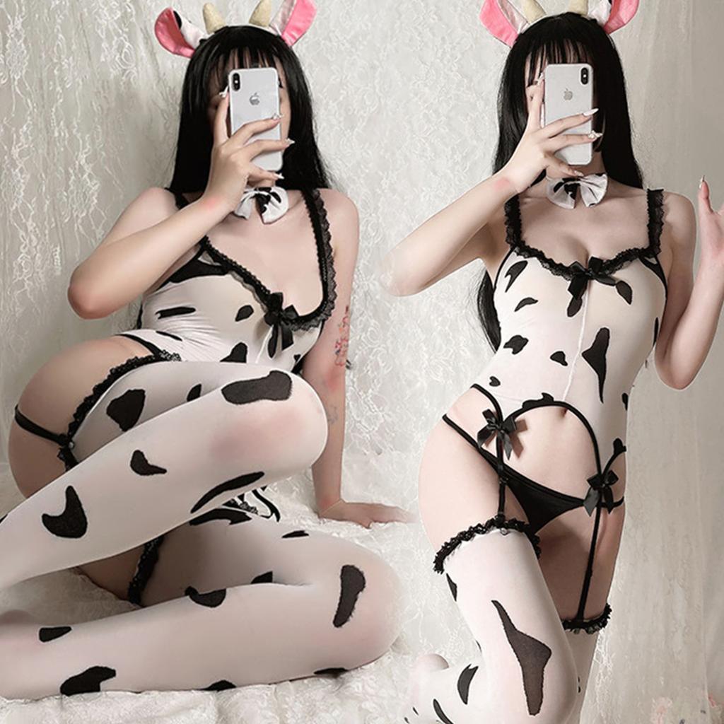 Sexy Bodysuit Women Thin Open Crotch Bodystocking Cow Black Stockings Erotic Lingerie Set Cosplay Sexy Femme Women Costumes
