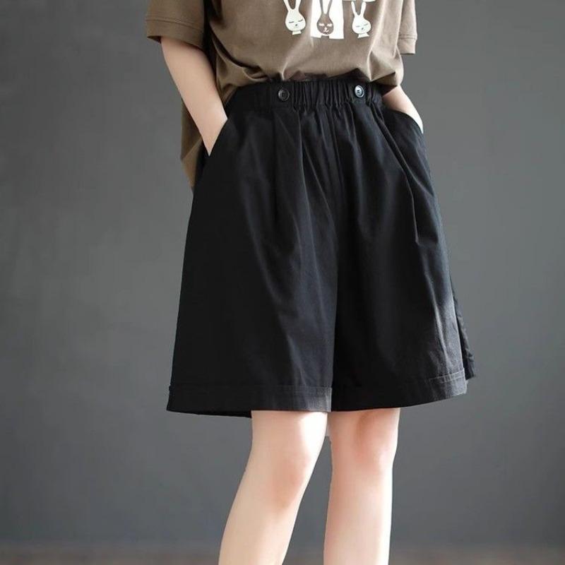 Womens Pure Cotton Solid High Waist Wide Leg Loose Plus Size Five Point Shorts