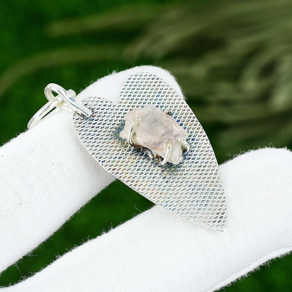 Bijou Pendentif Lunette Anniversaire Pierre Brute Quartz Rose Argent Sterling 925