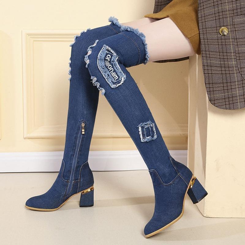 Damen-Jeansstiefel mit über dem Knie, spitze Zehenpartie, dicke High Heels, Schuhe für Damen, Herbst, lässig, Quaste, Jeans, lange Stiefel, Botas Mujer