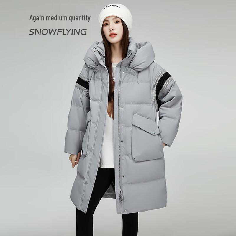 

SNOWFLYING Women s Long Hooded Down Jacket with Knit Spliced Sleeves L