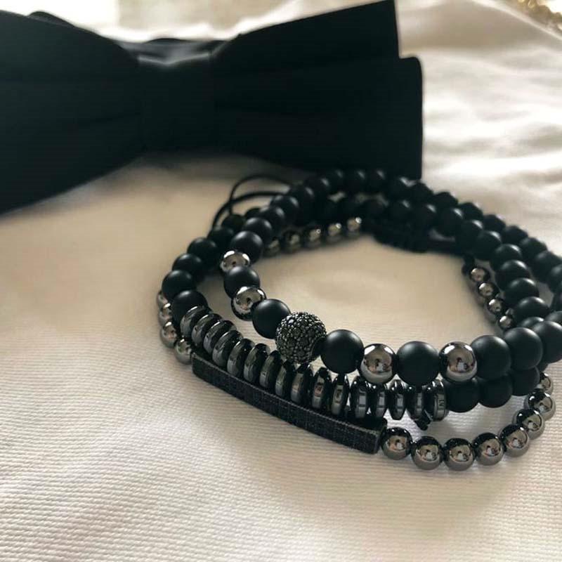 Matte Black Cubic Zirconia Ball & UFO Pendant Braided Bracelet Set