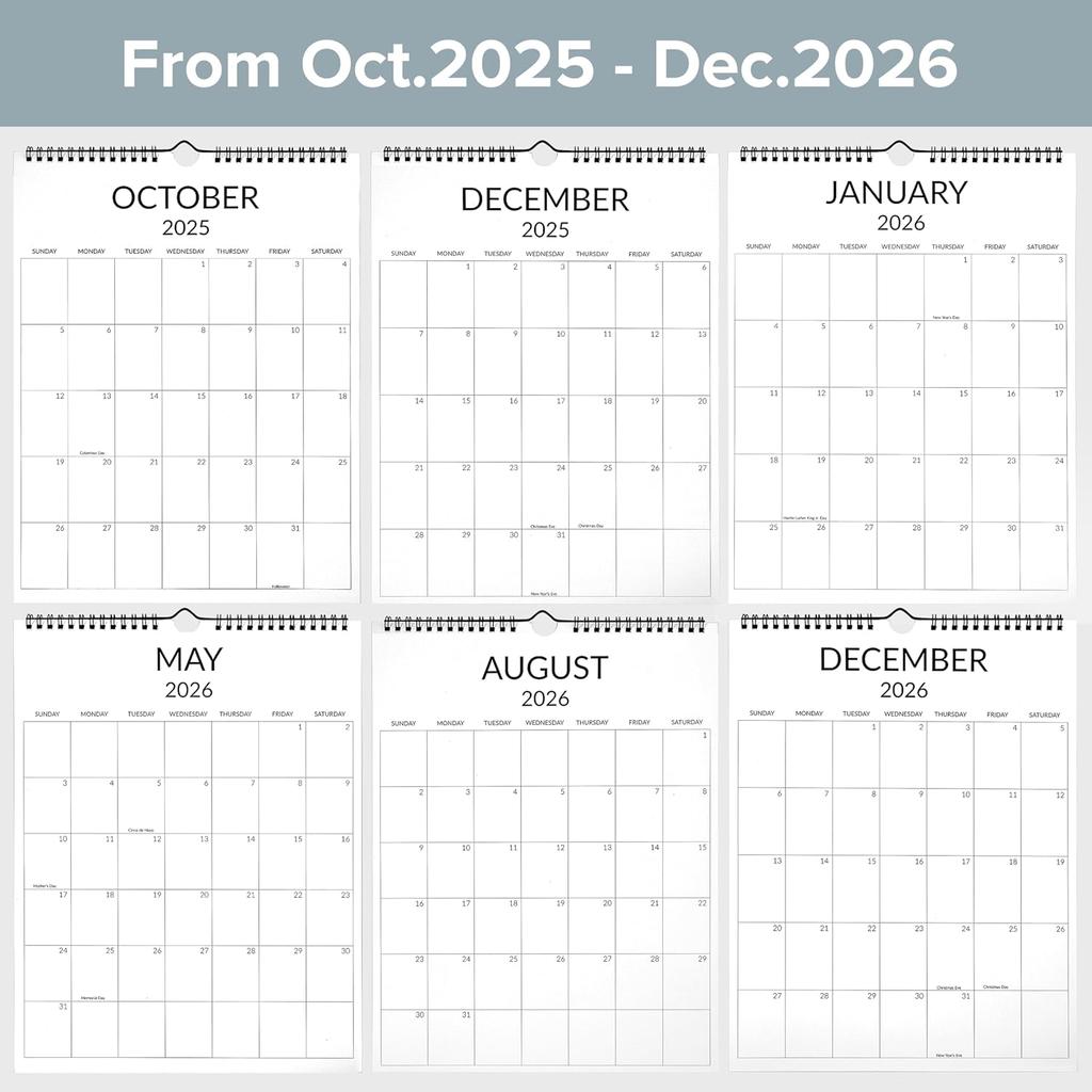 Wall Calendar 2026, 12 Month Large Calendar from October 2025 To December 2026 w/Wire Hanging, 14.5’’x11’’ Thick Paper Big Calendar for