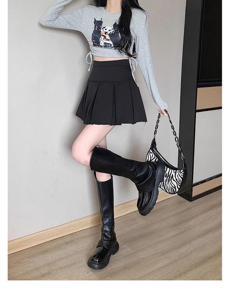 2024 Fashion High Waist Black Pleated A-line Mini Skirt for Women - Spring, Summer, Autumn