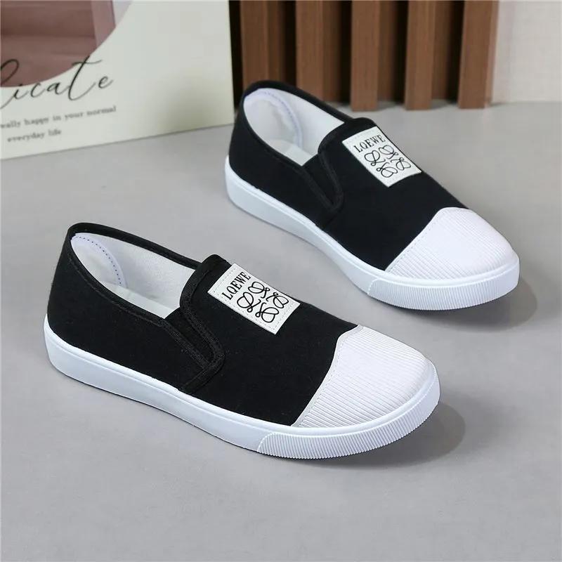 women fashion round toe anti skid spring slip on green canvas shoes lady student school black comfort loafers ab500