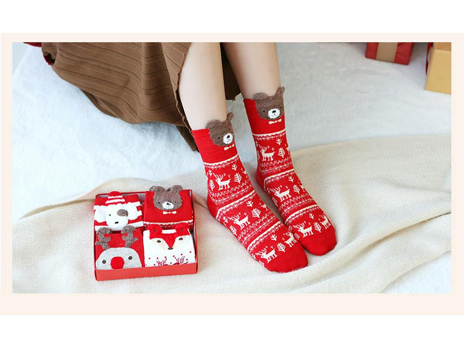 Women's Mid-Calf 3D Cartoon Christmas Socks Gift Box - Red Cotton Benming Year Collection for Autumn & Winter