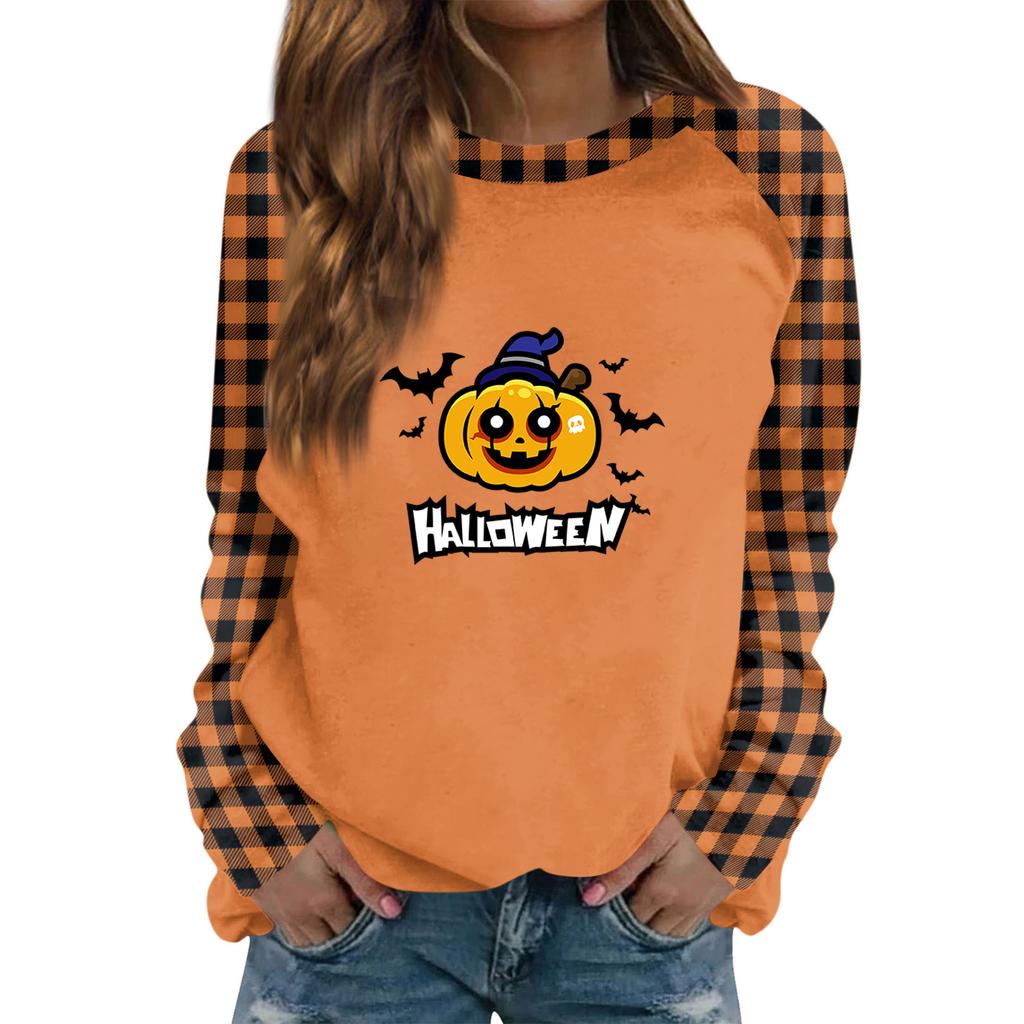 Women's Long Sleeve Crewneck Top with Halloween Print for Casual Fashion